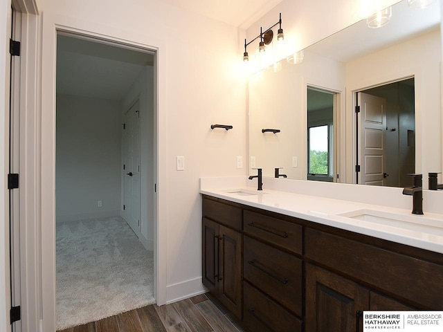 bathroom featuring hardwood / wood-style flooring and double vanity