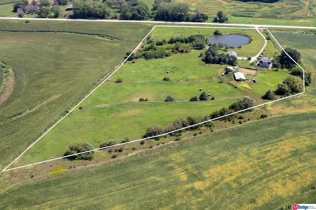 aerial view featuring a water view and a rural view