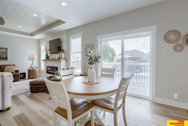 living room featuring a wealth of natural light, a tray ceiling, ceiling fan, and light hardwood / wood-style floors