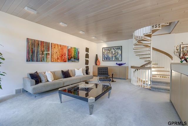 living room featuring wooden ceiling and light carpet