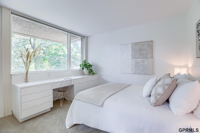 bedroom with built in desk and light colored carpet