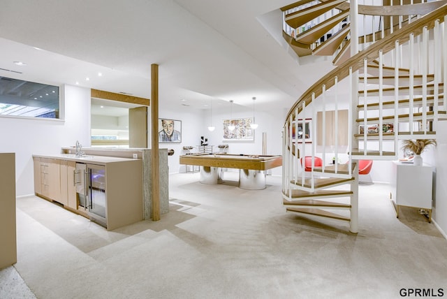 recreation room with billiards, light carpet, and plenty of natural light