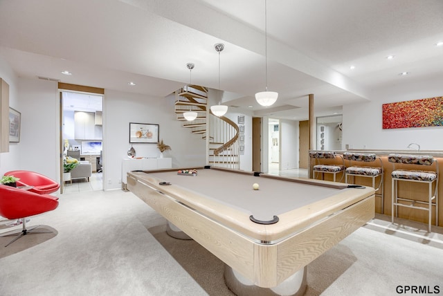 rec room with light carpet and billiards