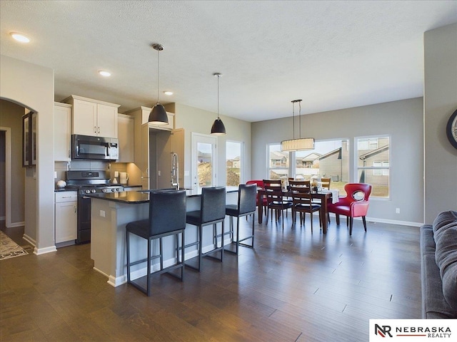 kitchen with dark countertops, dark wood finished floors, plenty of natural light, and stainless steel appliances