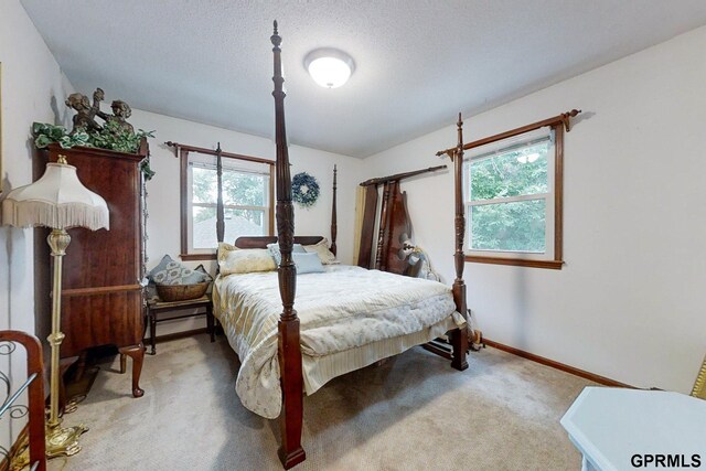 carpeted bedroom featuring a textured ceiling and multiple windows