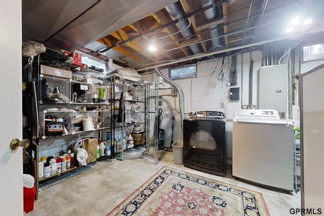 basement featuring washing machine and dryer and electric panel