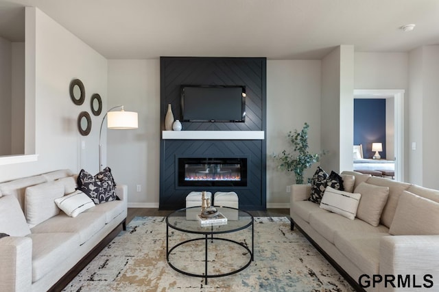 living room featuring a fireplace and wood-type flooring