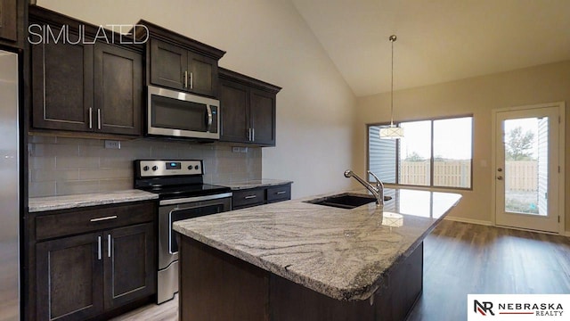 kitchen featuring stainless steel appliances, an island with sink, light stone countertops, and sink