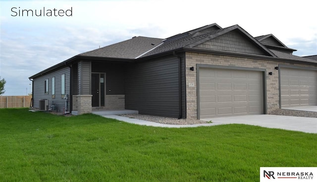 view of front of house featuring a garage, central air condition unit, and a front lawn