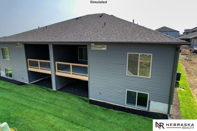 back of house with a wooden deck, cooling unit, and a lawn