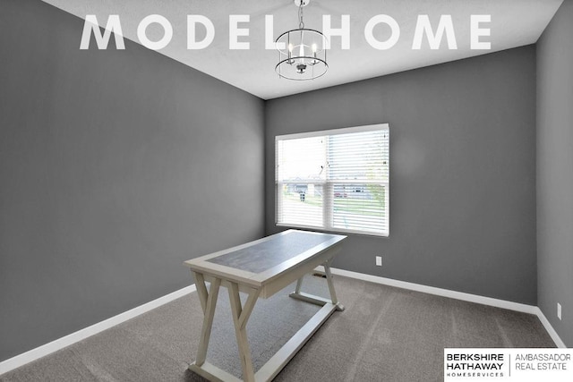 unfurnished office featuring carpet flooring and a chandelier