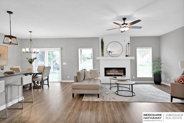 living room with a fireplace, ceiling fan with notable chandelier, and hardwood / wood-style flooring