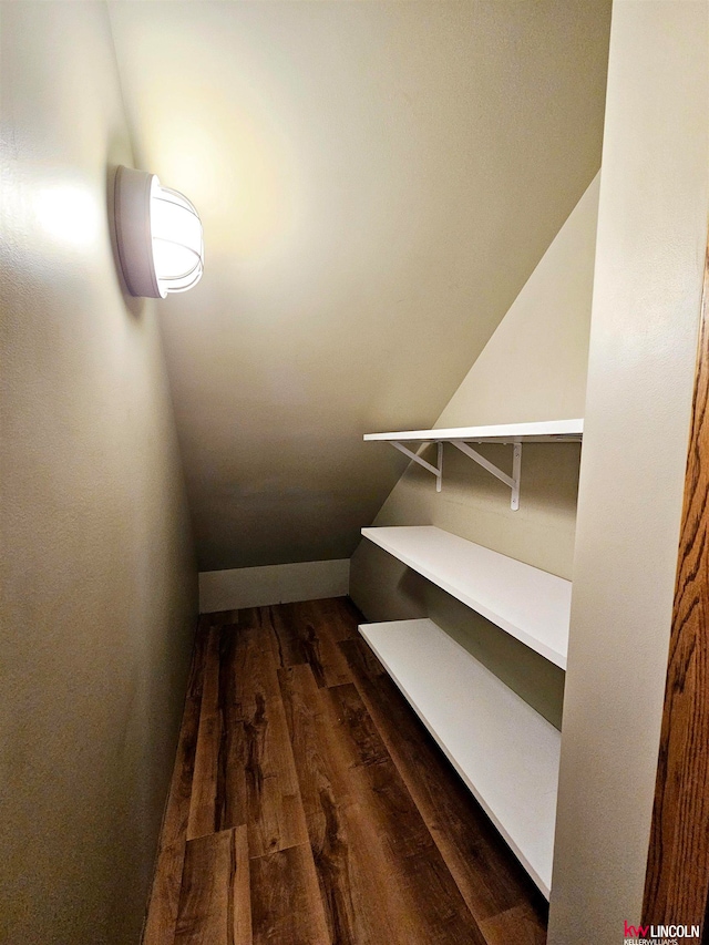 interior space with dark hardwood / wood-style floors and lofted ceiling