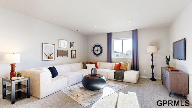 living room featuring light carpet