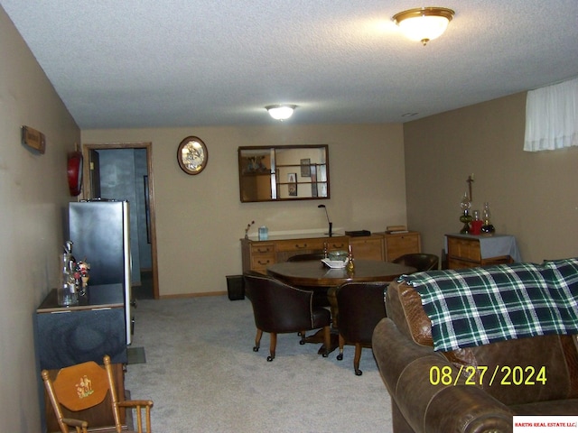 living room with light colored carpet and a textured ceiling