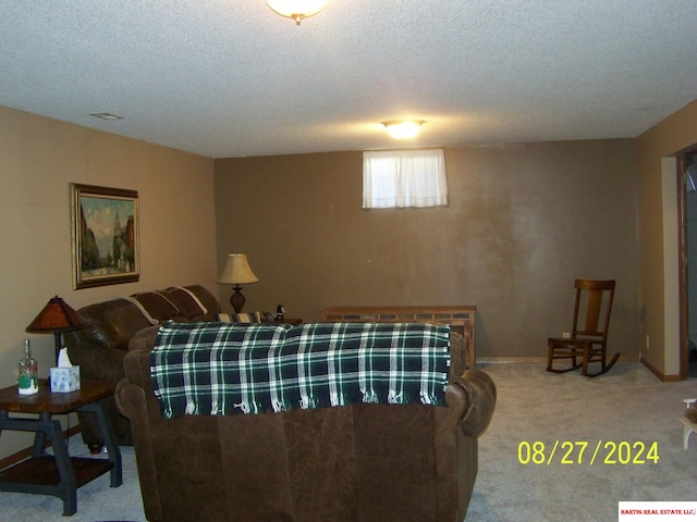 living room featuring carpet floors and a textured ceiling