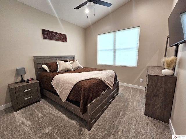 bedroom featuring lofted ceiling, carpet floors, and ceiling fan