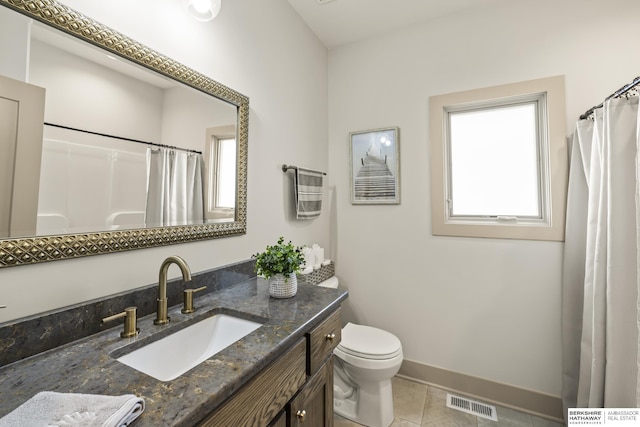 bathroom featuring tile patterned flooring, vanity, walk in shower, and toilet