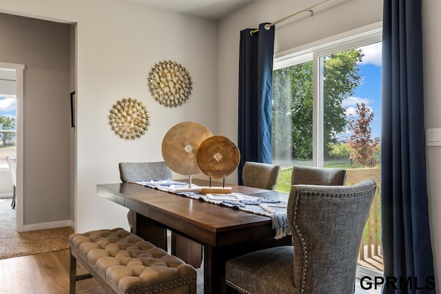 dining space with plenty of natural light, baseboards, and wood finished floors