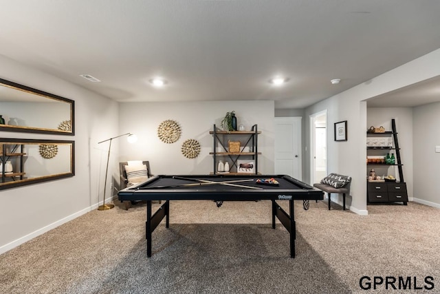 rec room featuring carpet floors, visible vents, billiards, and baseboards