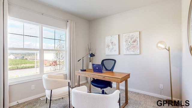 office with a healthy amount of sunlight and light colored carpet