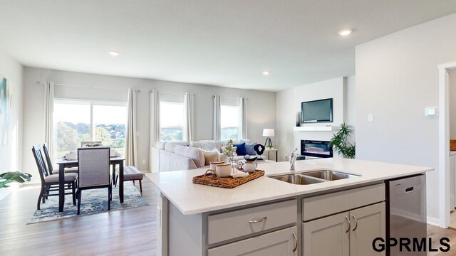 kitchen with appliances with stainless steel finishes, sink, a center island with sink, light hardwood / wood-style flooring, and white cabinets