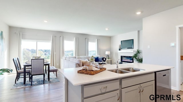 kitchen featuring stainless steel dishwasher, plenty of natural light, sink, and a kitchen island with sink