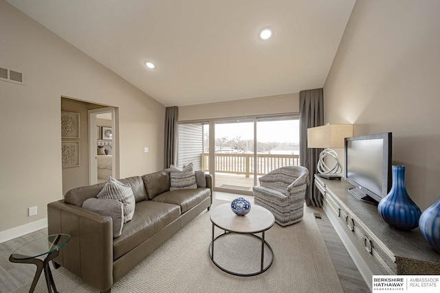 living room featuring baseboards, visible vents, dark wood-style floors, vaulted ceiling, and recessed lighting