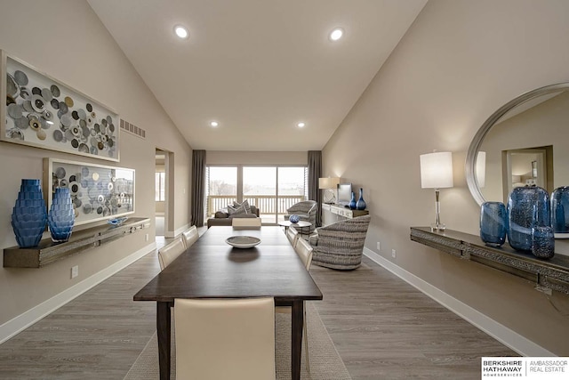 dining space featuring recessed lighting, wood finished floors, visible vents, and baseboards