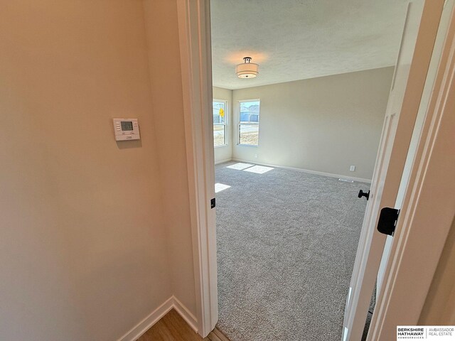 carpeted empty room with baseboards and a textured ceiling