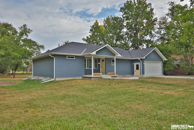 ranch-style home with a garage, covered porch, driveway, roof with shingles, and a front lawn