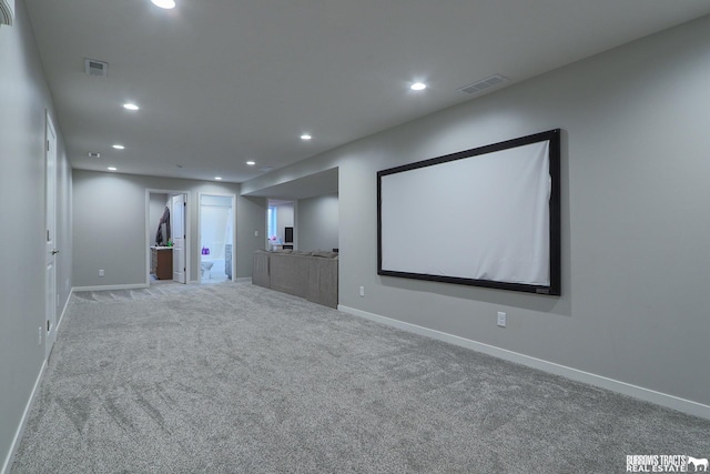 home theater featuring carpet, visible vents, and recessed lighting