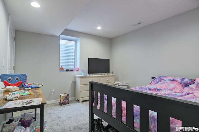 bedroom with baseboards, recessed lighting, visible vents, and light colored carpet