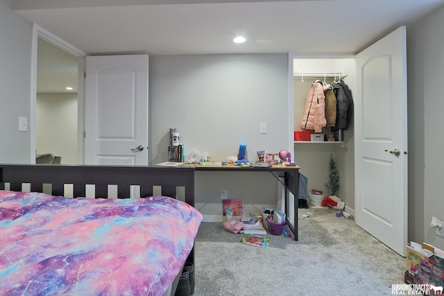 carpeted bedroom with recessed lighting and baseboards