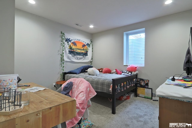 bedroom featuring light colored carpet, visible vents, and recessed lighting