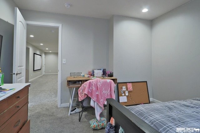 bedroom with light carpet, baseboards, and recessed lighting