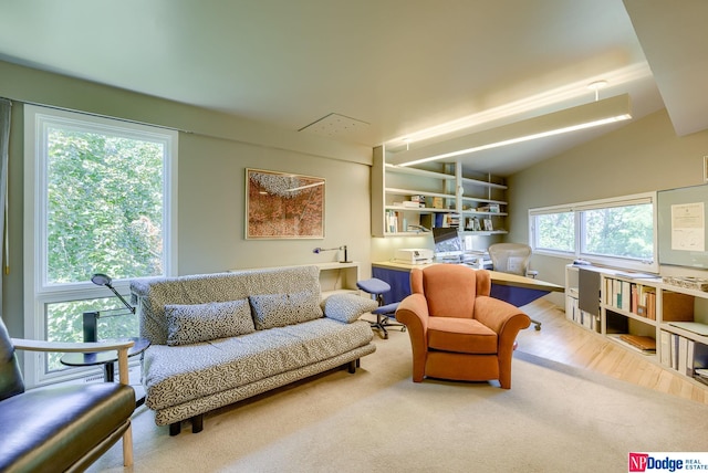 living room featuring hardwood / wood-style floors, a healthy amount of sunlight, and lofted ceiling