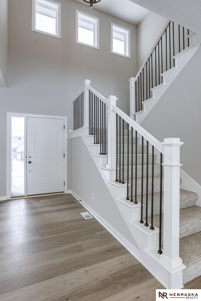 entryway featuring a high ceiling and wood-type flooring