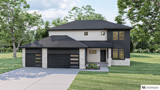 view of front of home with a front yard and a garage