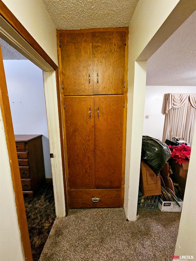 corridor with carpet flooring and a textured ceiling