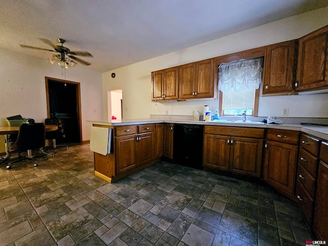 kitchen with dishwasher, ceiling fan, sink, and kitchen peninsula