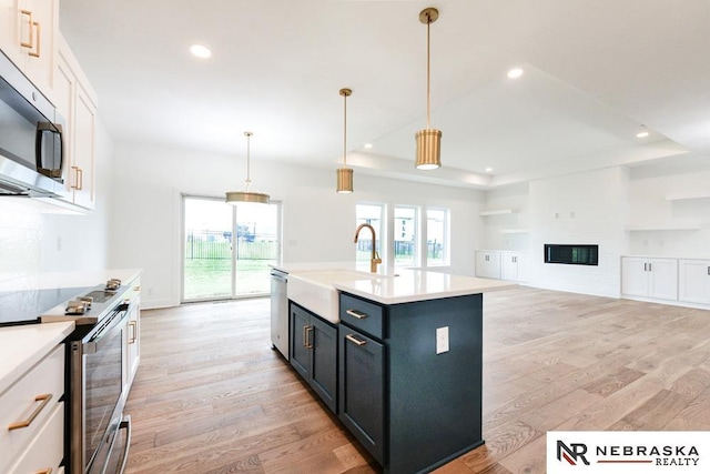 kitchen with a tray ceiling, stainless steel appliances, light countertops, light wood-style floors, and a sink