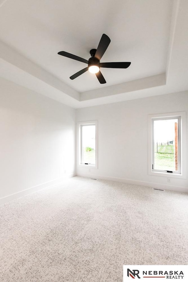 spare room with a tray ceiling, carpet, and baseboards