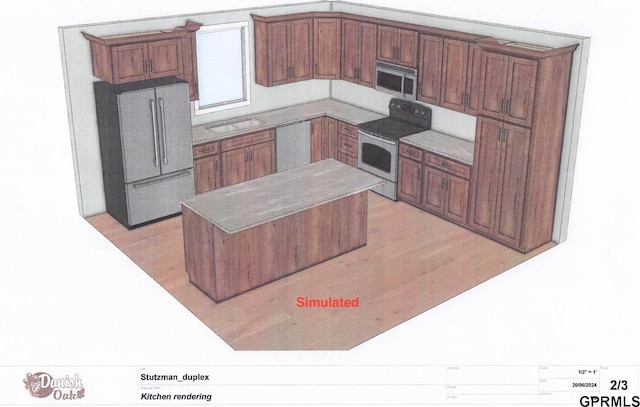 kitchen with appliances with stainless steel finishes, sink, and light hardwood / wood-style floors