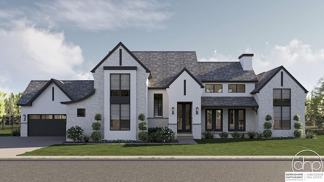 view of front of home with a front yard, french doors, brick siding, and driveway