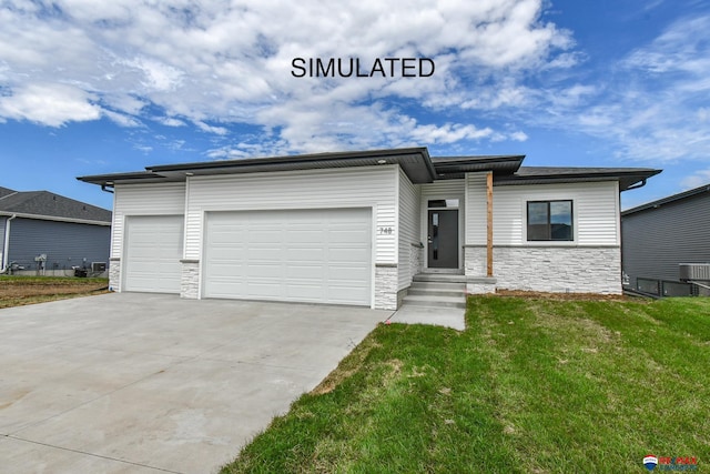 prairie-style home with an attached garage, stone siding, a front lawn, and concrete driveway