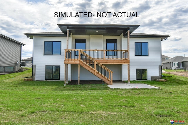 rear view of house featuring a patio area, a yard, central AC unit, and stairs