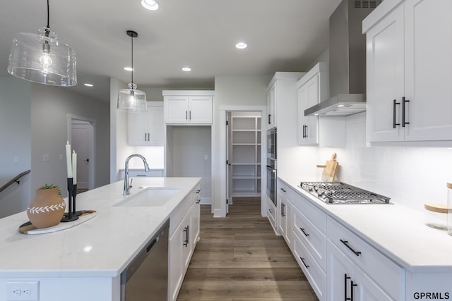 kitchen featuring backsplash, appliances with stainless steel finishes, a sink, wall chimney range hood, and wood finished floors