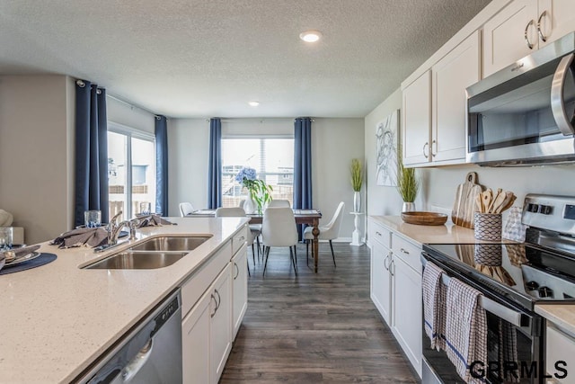 kitchen featuring white cabinets, appliances with stainless steel finishes, dark wood-type flooring, and a sink