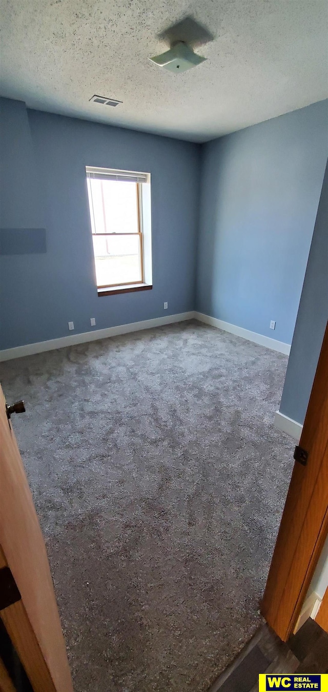 unfurnished room with a textured ceiling and carpet flooring